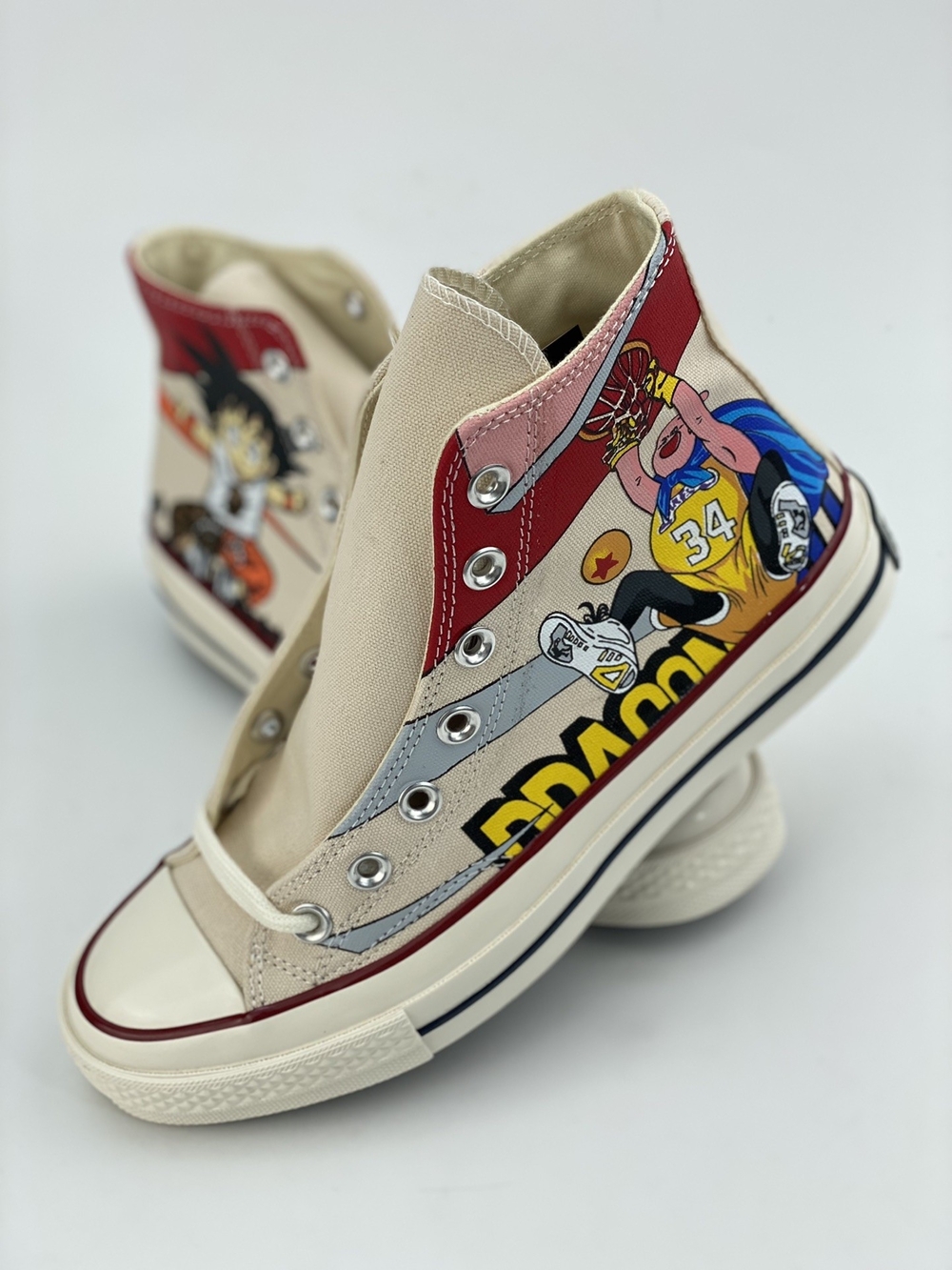 Cartoon Graphic High-Top Canvas Sneakers in Beige & Red
